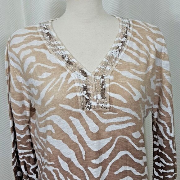 Chicos Cotton Linen Blend Top Womens US Med Brown Animal Print Soft Knit Zebra - Picture 2 of 4